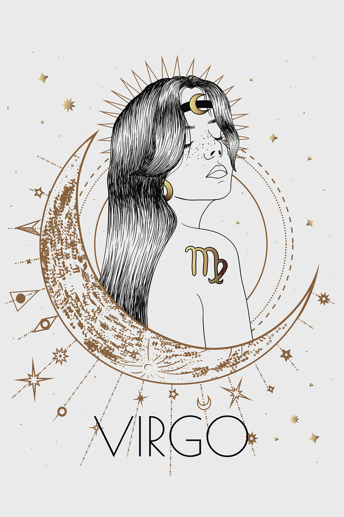 A drawing of a woman with a moon and stars