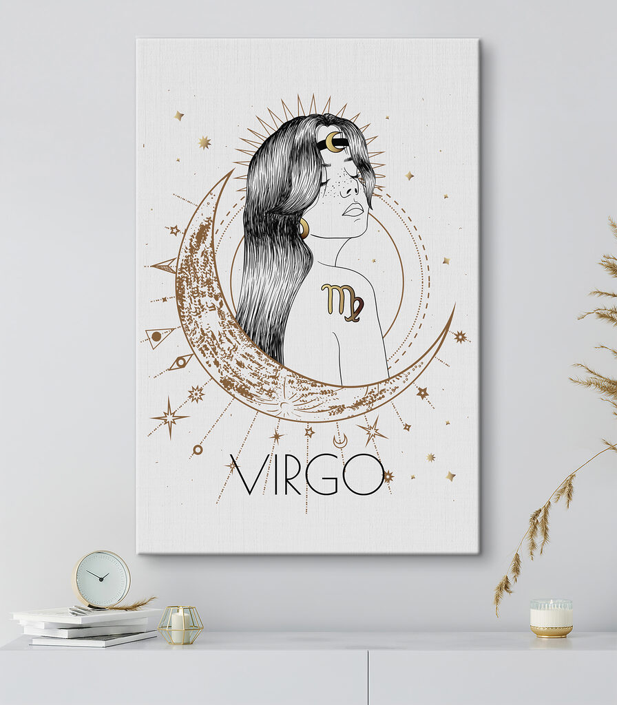 A drawing of a woman with a moon and stars