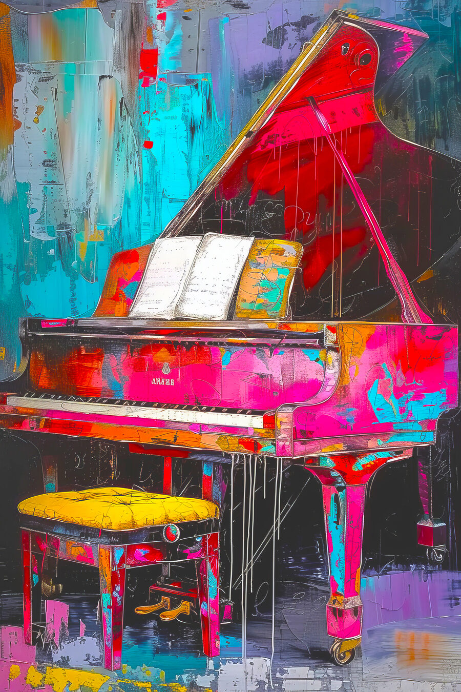 Ein rosa Klavier mit einem Hocker Ein rosa Klavier mit einem Hocker
