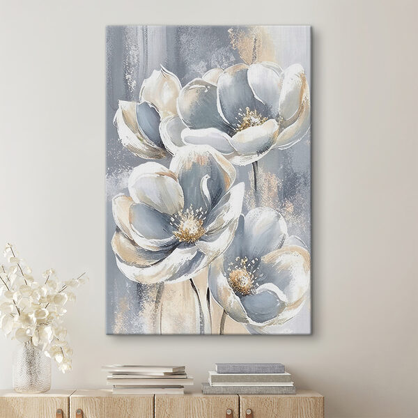 Ein Gemälde mit Blumen auf grauem Hintergrund Ein Gemälde mit Blumen auf grauem Hintergrund