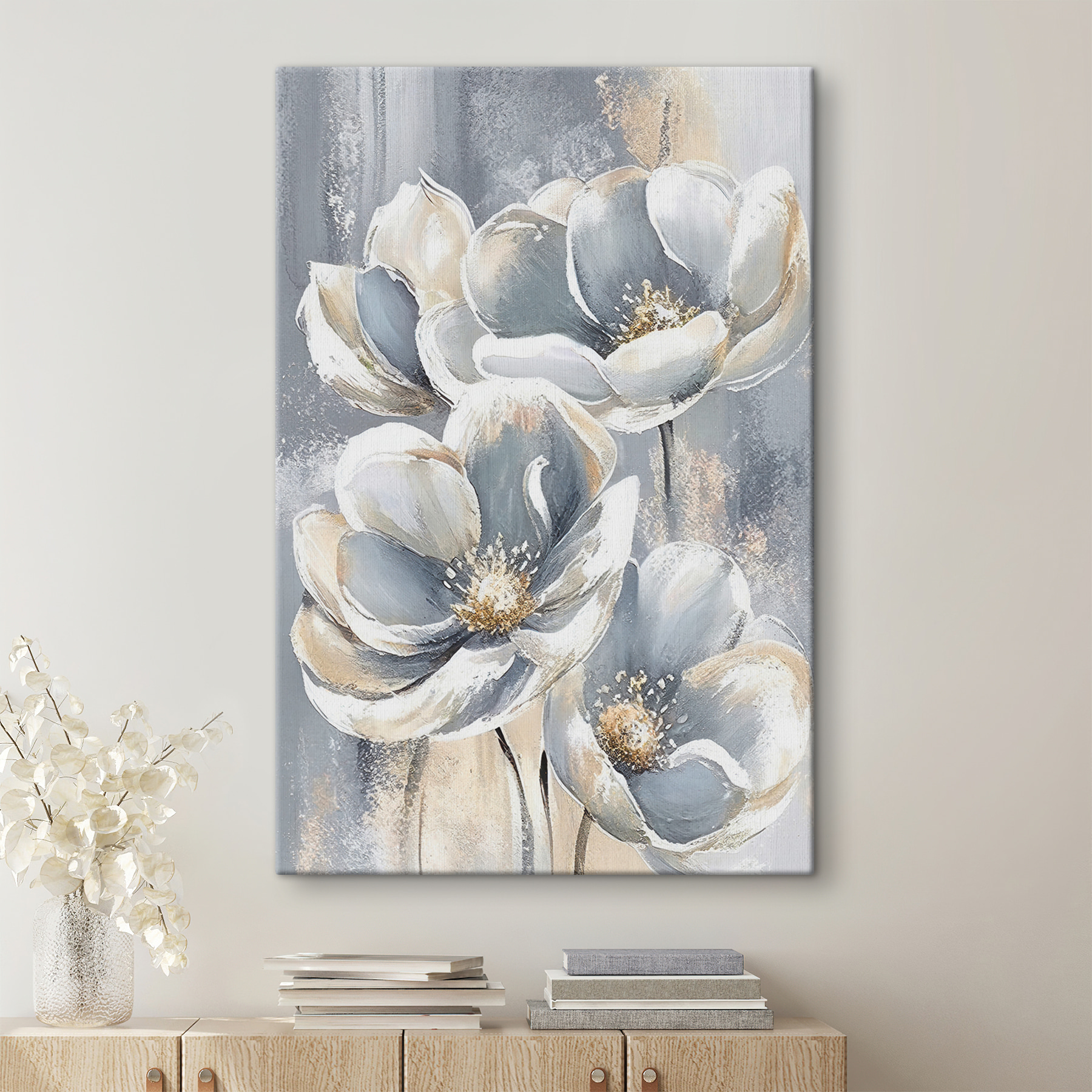 A painting of flowers on a grey background A painting of flowers on a grey background