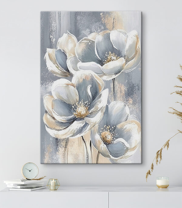 Ein Gemälde mit Blumen auf grauem Hintergrund Ein Gemälde mit Blumen auf grauem Hintergrund