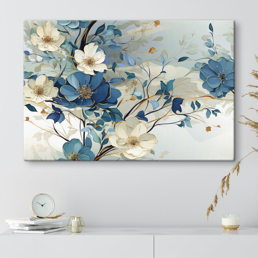 A painting of flowers and leaves