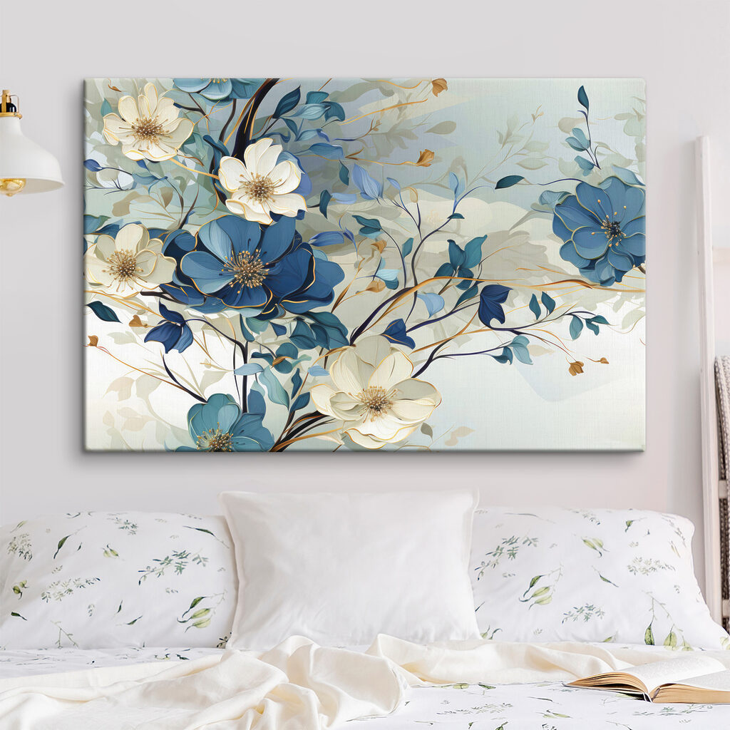 A painting of flowers and leaves