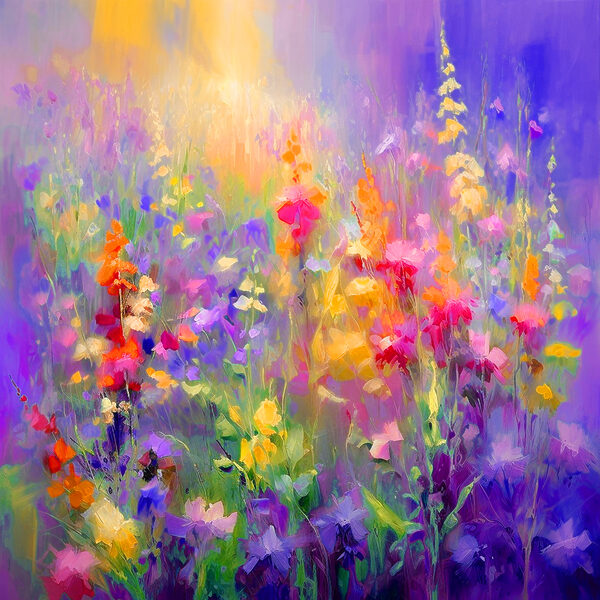 Ein Gemälde mit Blumen auf einem Feld Ein Gemälde mit Blumen auf einem Feld