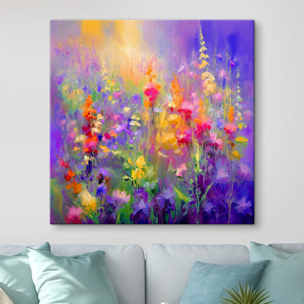 Ein Gemälde mit Blumen auf einem Feld Ein Gemälde mit Blumen auf einem Feld