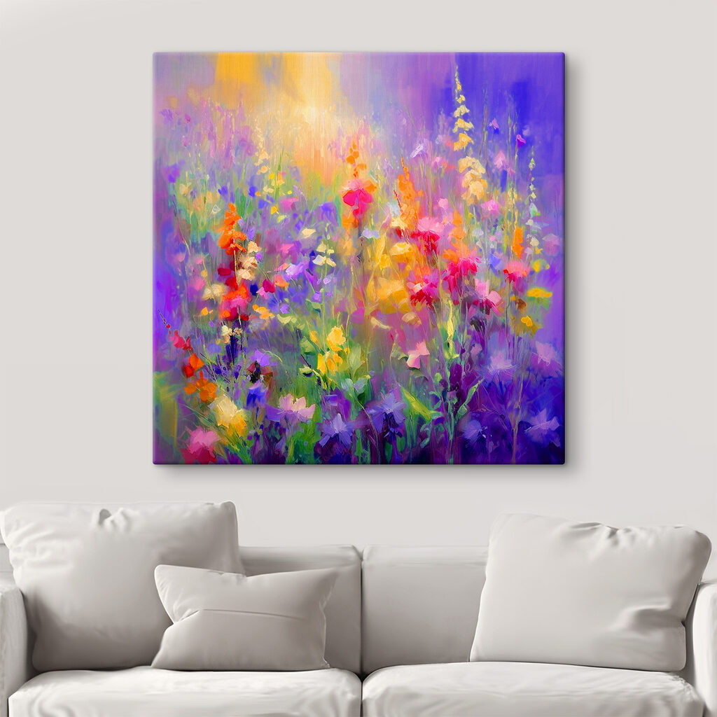 A painting of flowers in a field