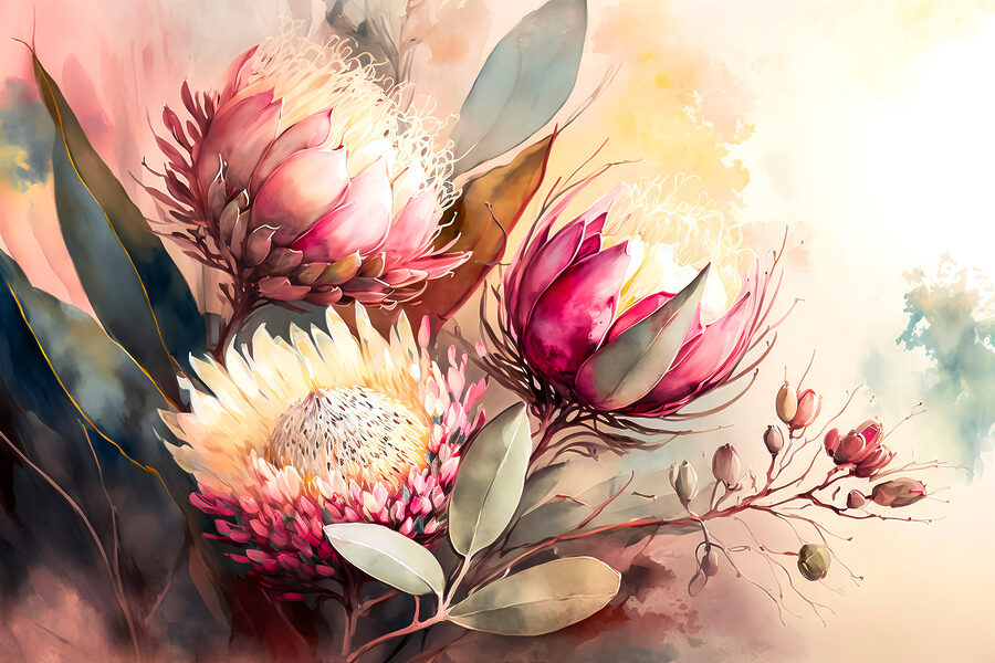 Ein Gemälde mit Blumen und Blättern