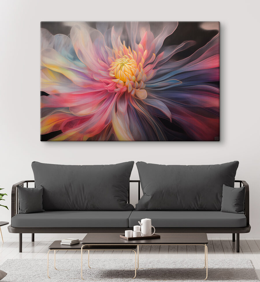 Eine bunte Blume mit gelber Mitte
