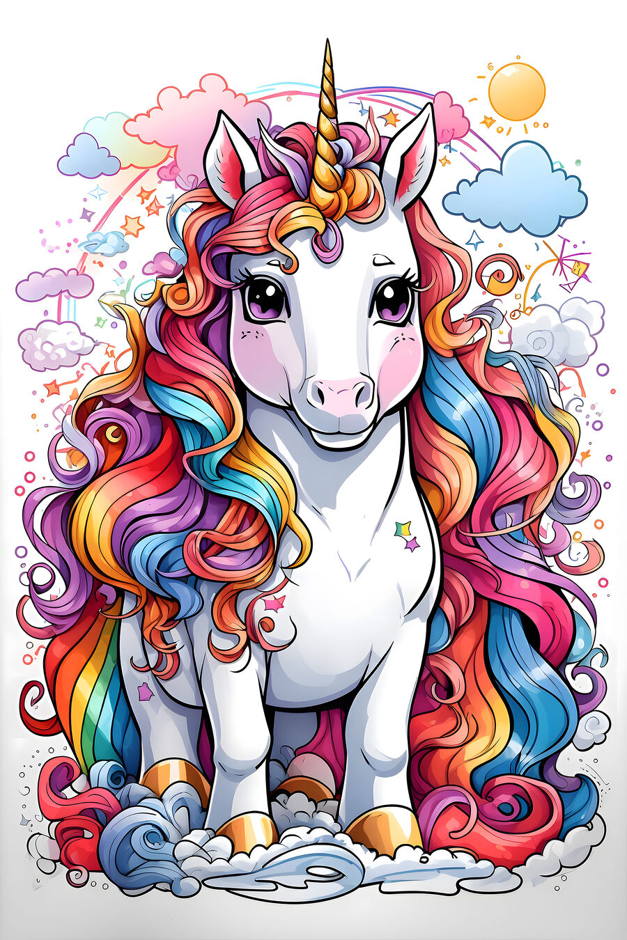 Ein Cartoon-Einhorn mit Regenbogenhaar