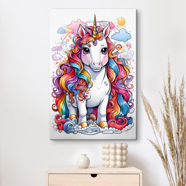 Ein Cartoon-Einhorn mit Regenbogenhaar Ein Cartoon-Einhorn mit Regenbogenhaar