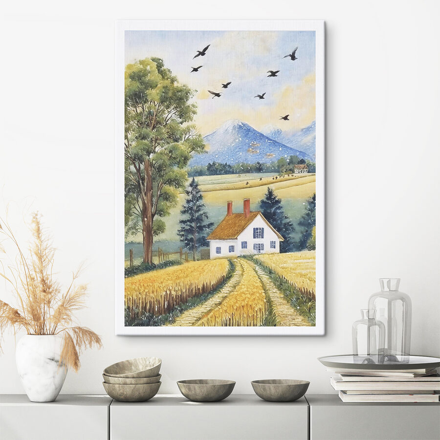 Ein Gemälde mit einem Haus und einem Weizenfeld