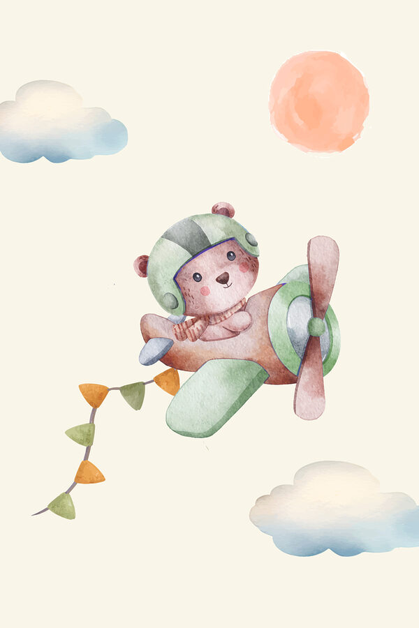 Ein Aquarell eines Teddybären in einem Flugzeug Ein Aquarell eines Teddybären in einem Flugzeug