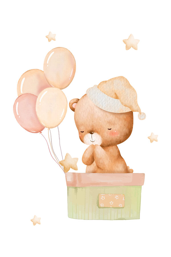 Ein Teddybär in einer Schachtel mit Luftballons Ein Teddybär in einer Schachtel mit Luftballons
