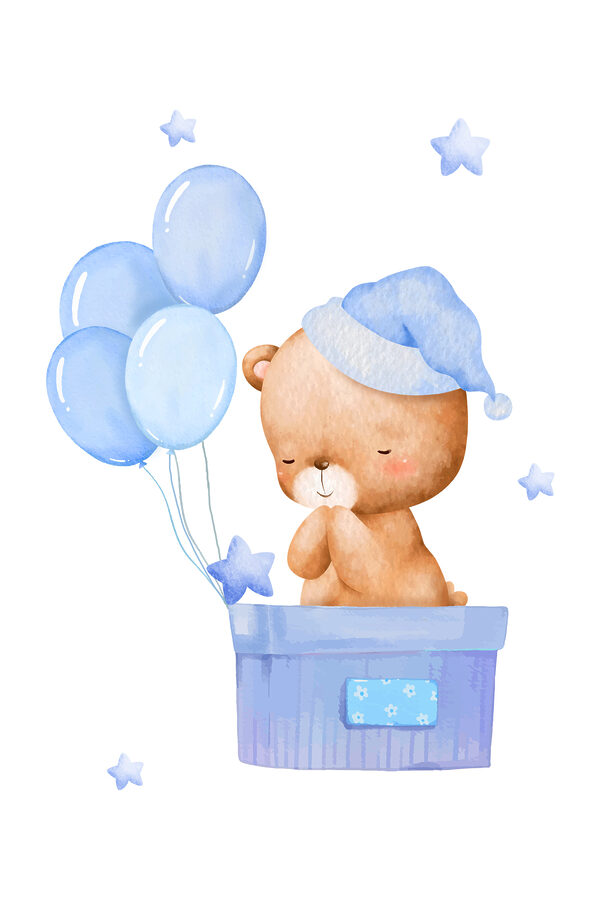 Ein Teddybär in einer Schachtel mit Luftballons Ein Teddybär in einer Schachtel mit Luftballons