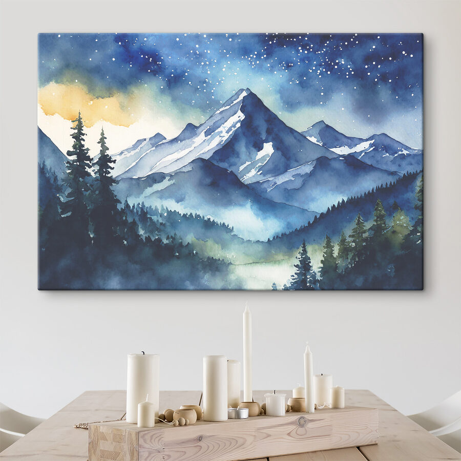 Aquarell eines Gebirgszuges mit Bäumen im Vordergrund