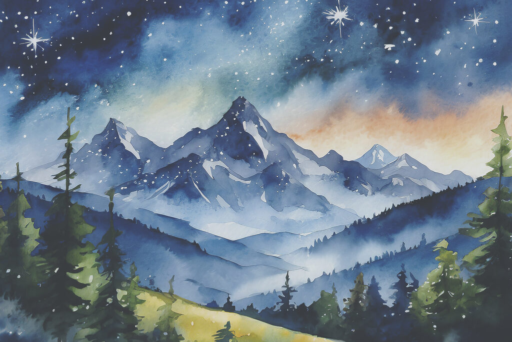 Watercolor of a mountain range and stars in the sky