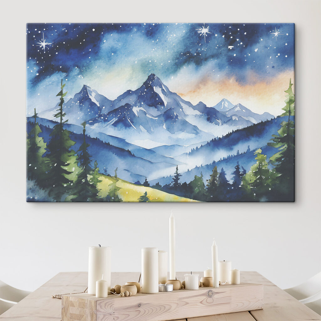 Watercolor of a mountain range and stars in the sky
