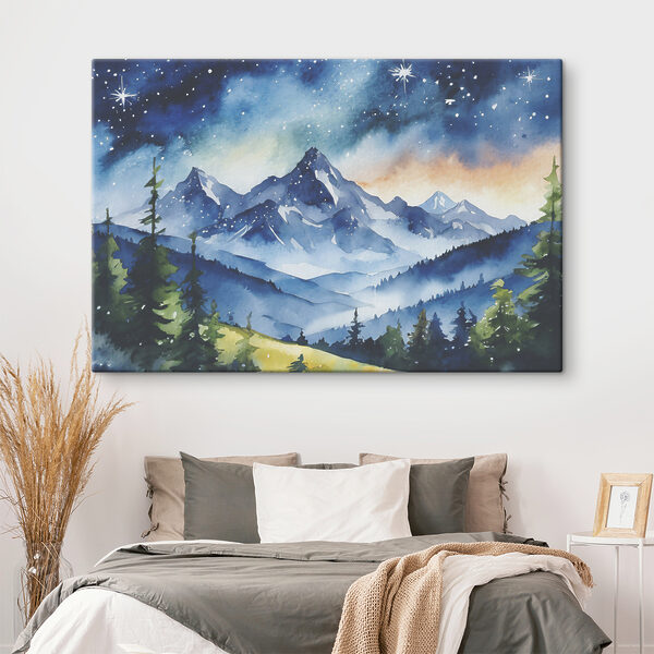 Watercolor of a mountain range and stars in the sky