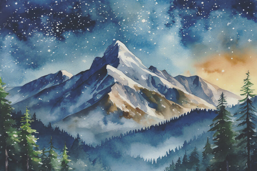 Ein Aquarell einer Bergkette