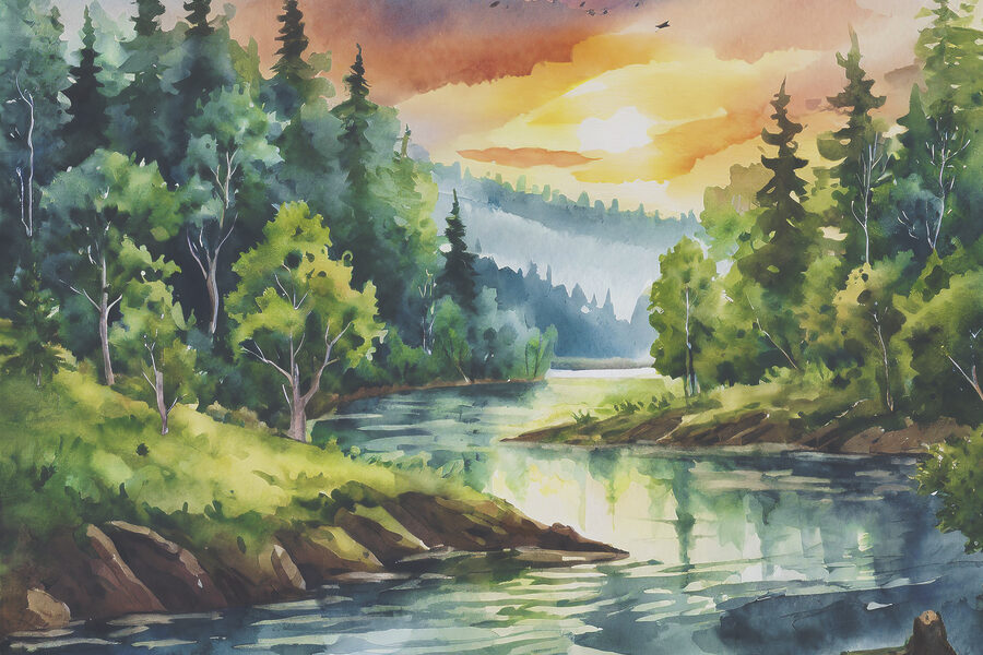 Aquarellmalerei eines Flusses mit Bäumen und Bergen im Hintergrund Aquarellmalerei eines Flusses mit Bäumen und Bergen im Hintergrund