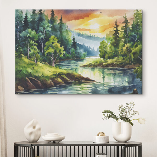 Aquarellmalerei eines Flusses mit Bäumen und Bergen im Hintergrund Aquarellmalerei eines Flusses mit Bäumen und Bergen im Hintergrund