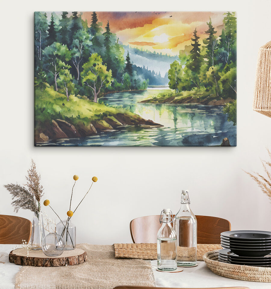 Aquarellmalerei eines Flusses mit Bäumen und Bergen im Hintergrund Aquarellmalerei eines Flusses mit Bäumen und Bergen im Hintergrund