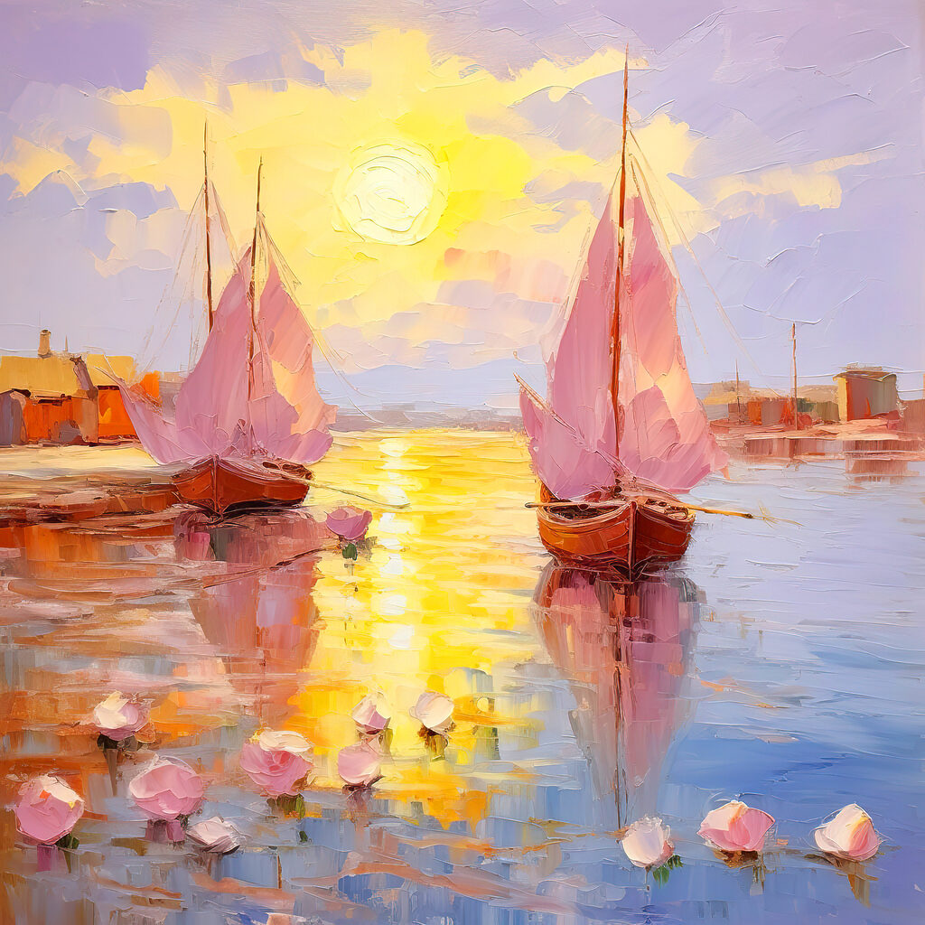 A painting of boats on water
