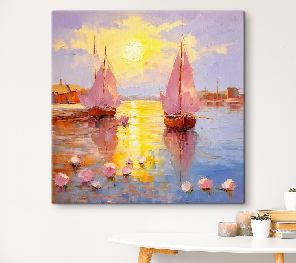 A painting of boats on water