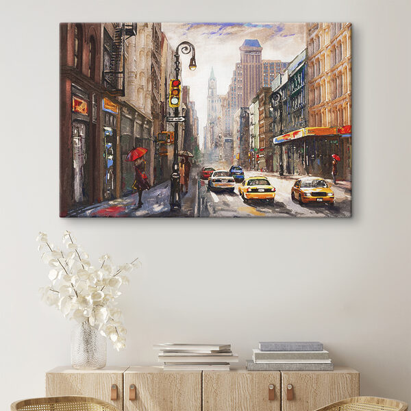 A watercolor of a city street with cars and people A watercolor of a city street with cars and people