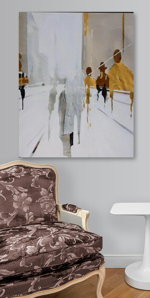 A painting of people walking on a snowy street A painting of people walking on a snowy street
