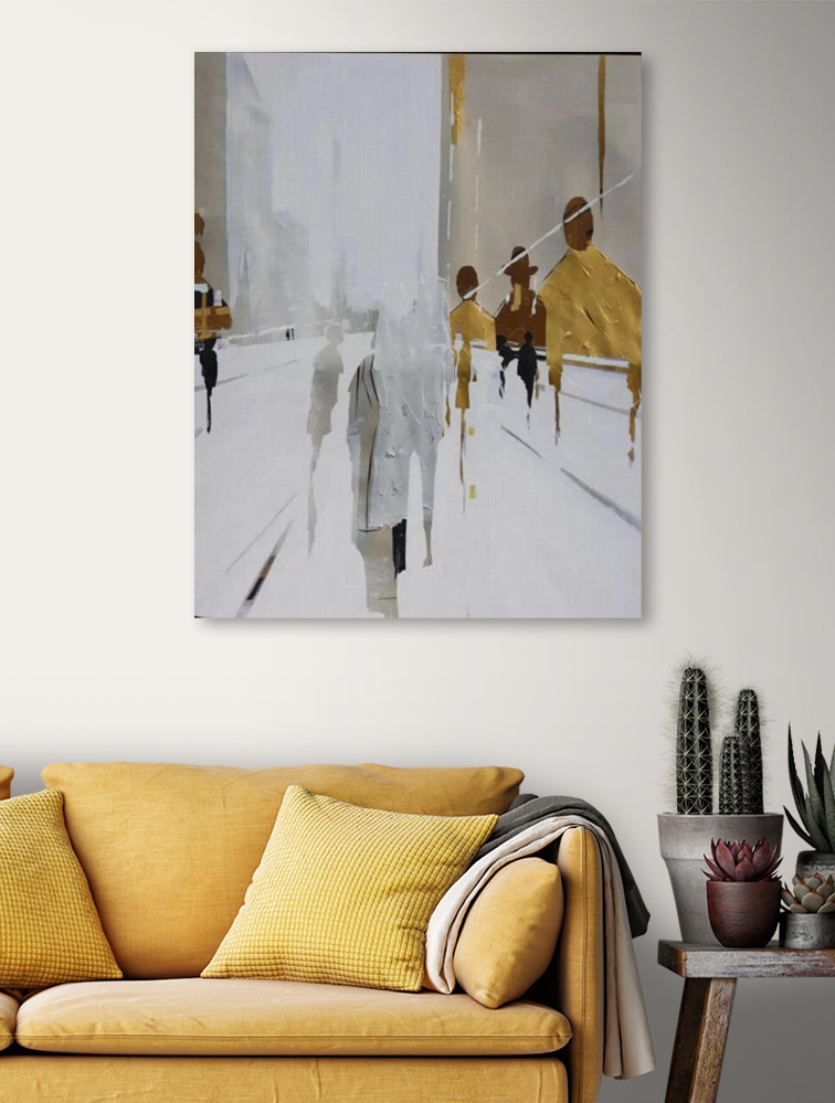 A painting of people walking on a snowy street A painting of people walking on a snowy street