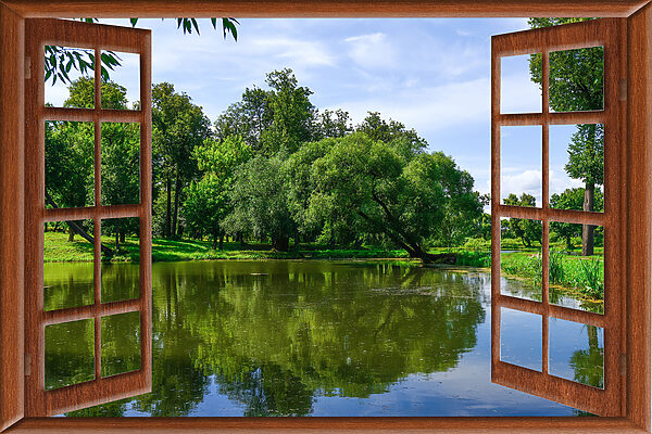 Ein Fenster mit einem See und Bäumen Ein Fenster mit einem See und Bäumen
