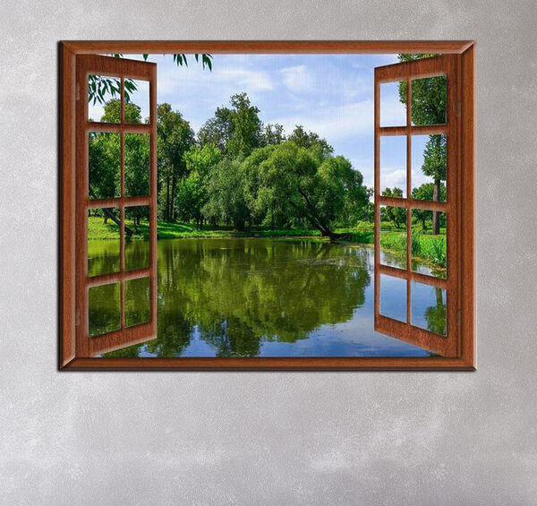 Ein Fenster mit einem See und Bäumen Ein Fenster mit einem See und Bäumen