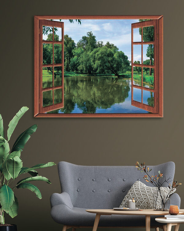 Ein Fenster mit einem See und Bäumen Ein Fenster mit einem See und Bäumen