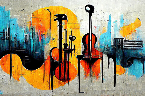 Ein Gemälde mit Gitarren und Instrumenten Ein Gemälde mit Gitarren und Instrumenten