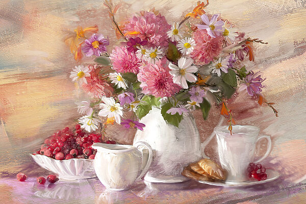 Ein Gemälde mit Blumen in einer Vase und einer Schale mit Croissants Ein Gemälde mit Blumen in einer Vase und einer Schale mit Croissants