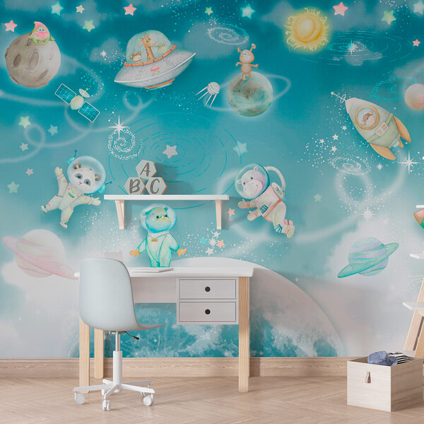 A cartoon space scene with planets and stars