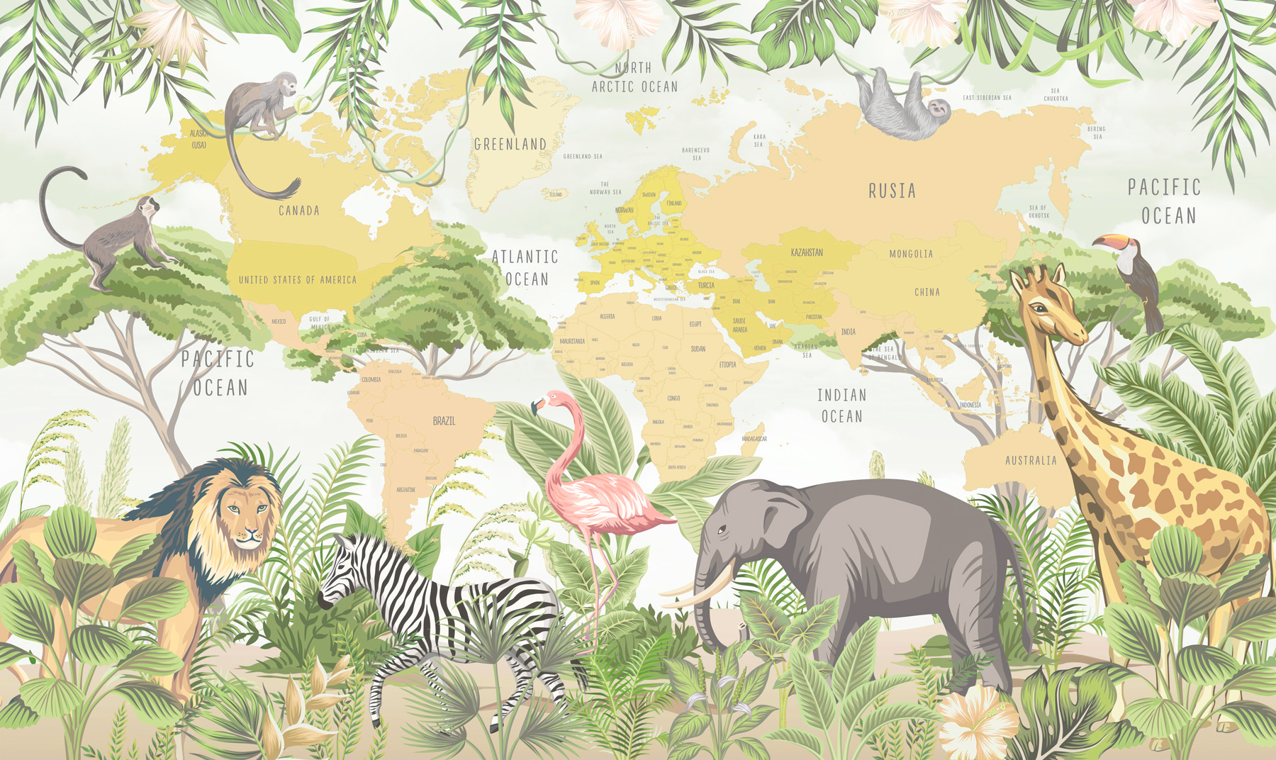 A map of the world with animals