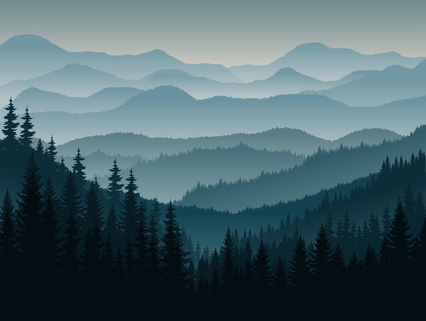 Eine Landschaft mit Bergen und Bäumen Eine Landschaft mit Bergen und Bäumen