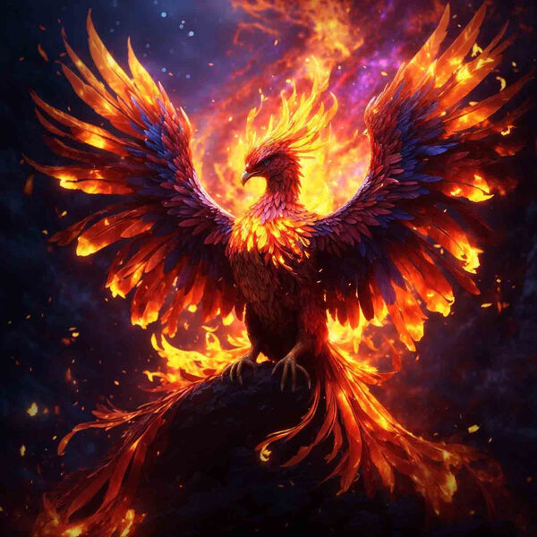 Ein Vogel mit ausgebreiteten Flügeln und Flammen im Hintergrund Ein Vogel mit ausgebreiteten Flügeln und Flammen im Hintergrund