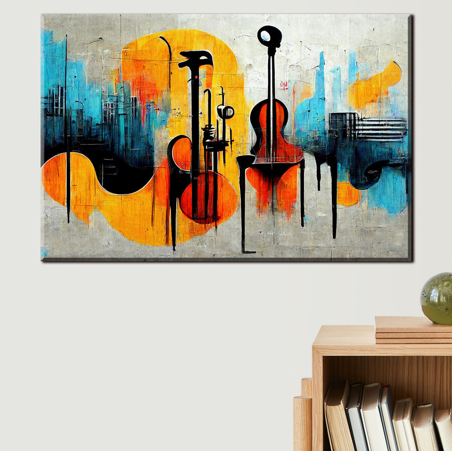 Ein Gemälde mit Gitarren und Instrumenten