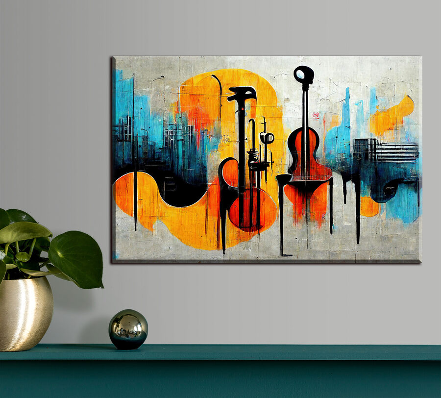Ein Gemälde mit Gitarren und Instrumenten