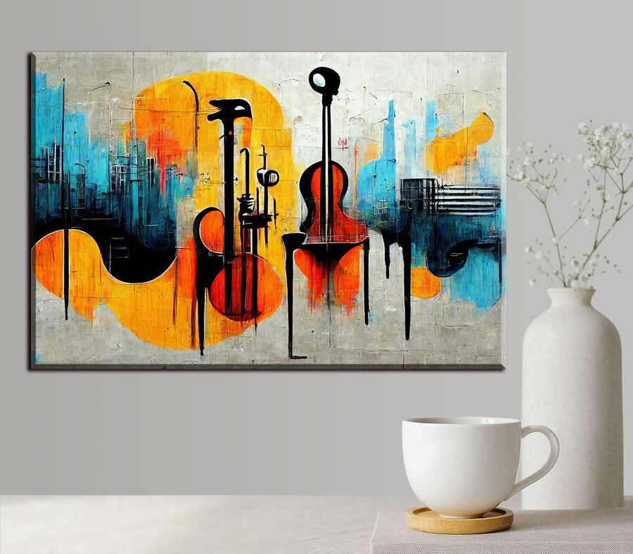 Ein Gemälde mit Gitarren und Instrumenten