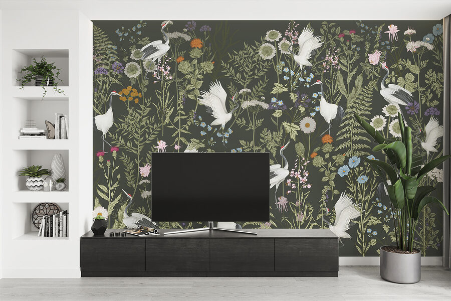 Eine Tapete mit Vögeln und Blumen