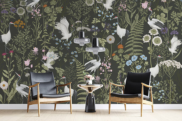 Eine Tapete mit Vögeln und Blumen Eine Tapete mit Vögeln und Blumen