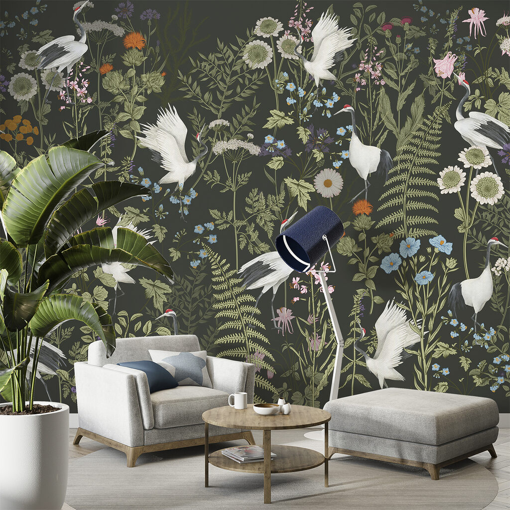 A wallpaper with birds and flowers