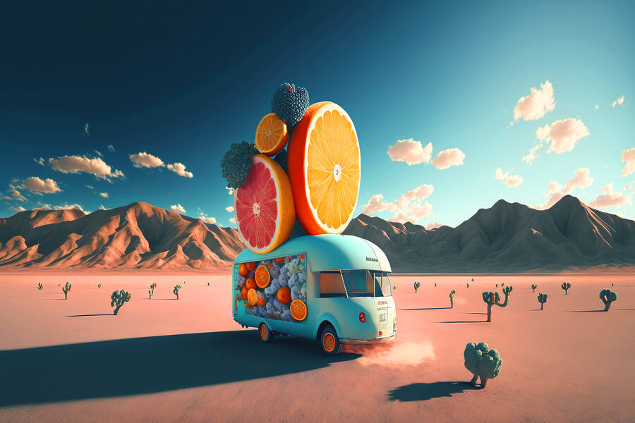 Ein Lieferwagen mit Früchten darauf