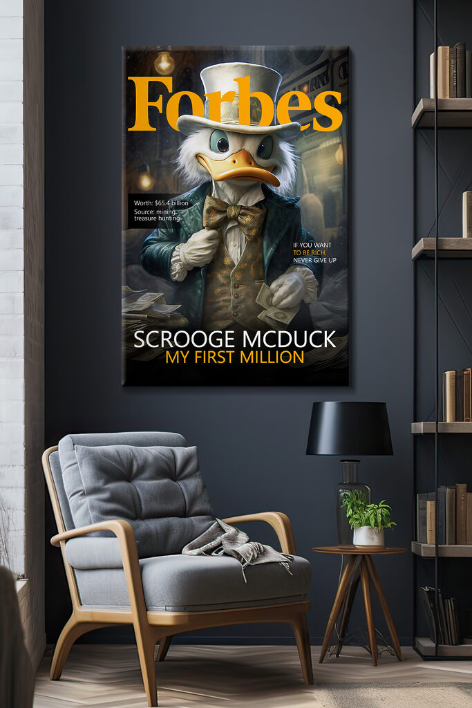 A duck wearing a suit and a bow tie holding money