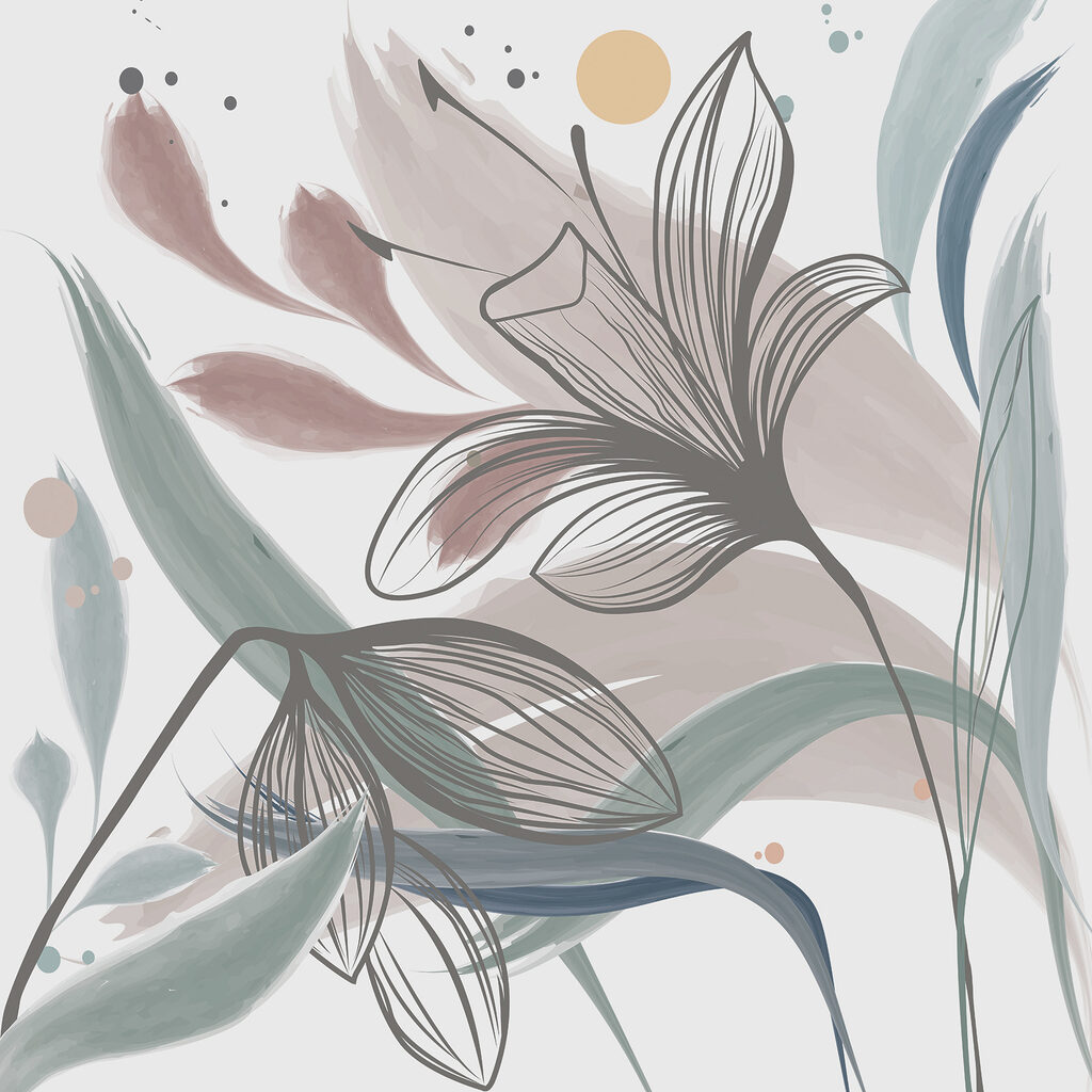 Eine Zeichnung von Blumen und Blättern Eine Zeichnung von Blumen und Blättern